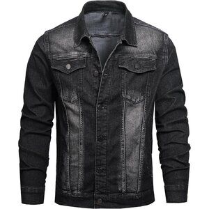 Men's Jean Jacket Distressed Slim Denim Jacket Long Sleeves Button Down Black